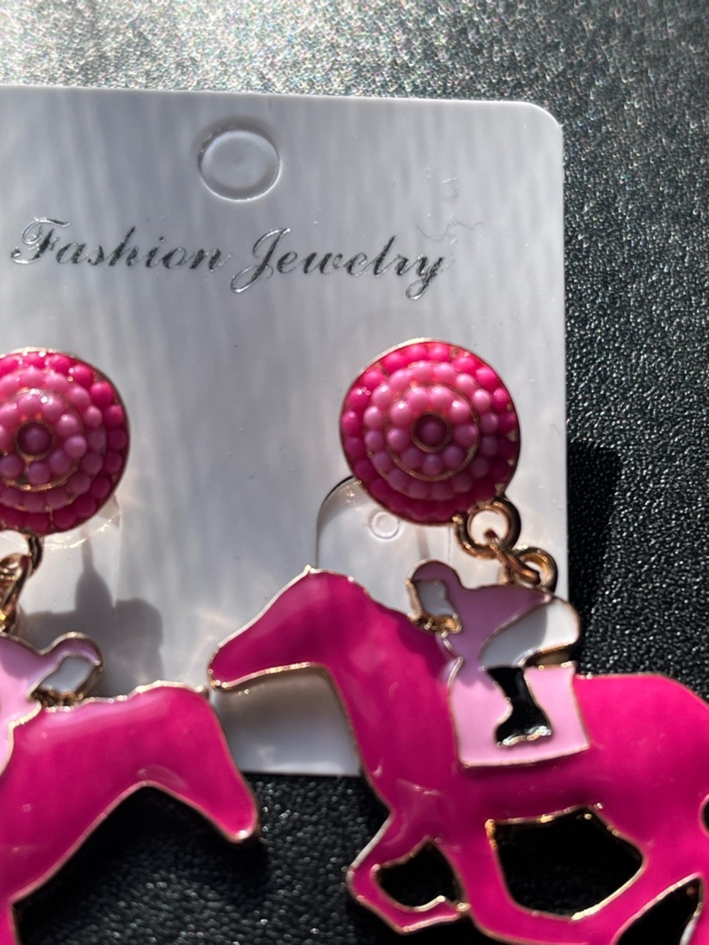 Kentucky Derby Pink Enamel Horse & Jockey Dangle Earrings - Picture 3 of 4